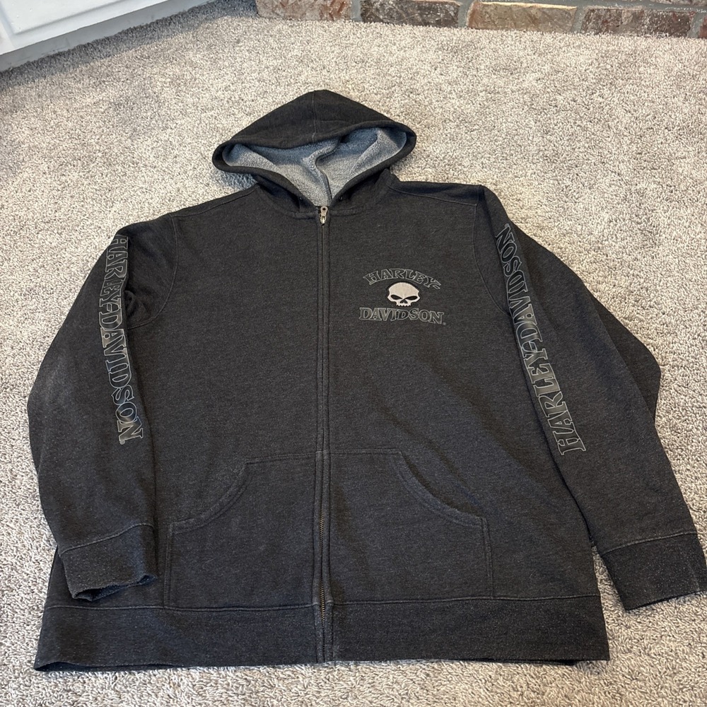 Harley Davidson Full Zip Up Hoodie L XXL Grey Sweatshirt Skull Willie Sleeve Hit